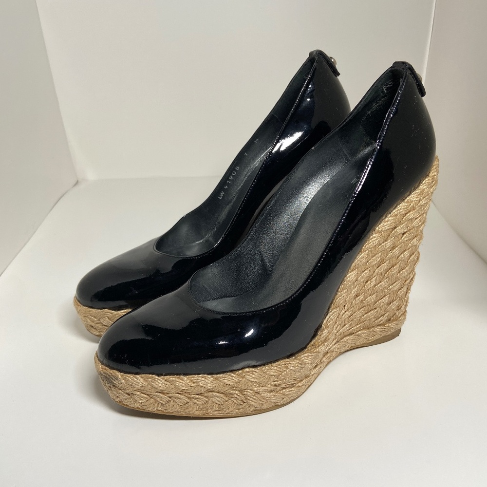 Stuart Weitzman black patent leather espadrille wedge heels